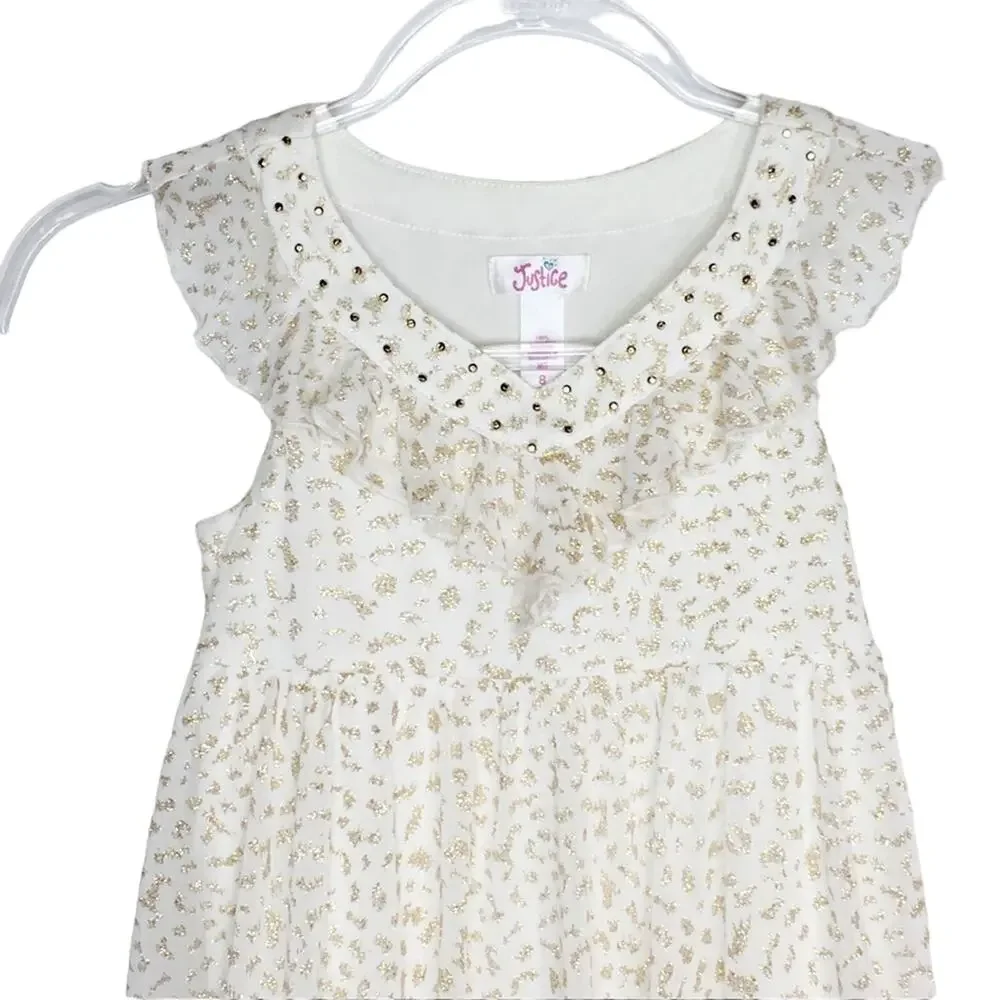 Justice Girls Size 8 Gold Metallic Leopard Print Ruffle Studded Party Dress NEW